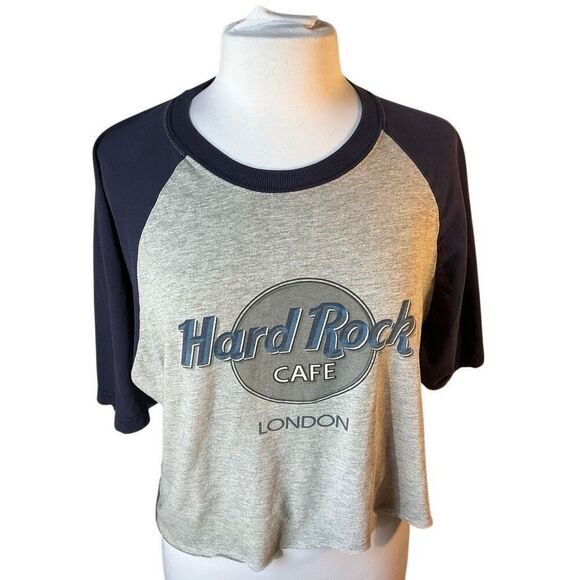 Vintage Hard Rock Cafe London Baseball Shirt. Cropped, L. Grey and Navy - Picture 1 of 11